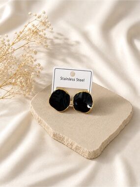 Gold-Trim Black Stud Earrings